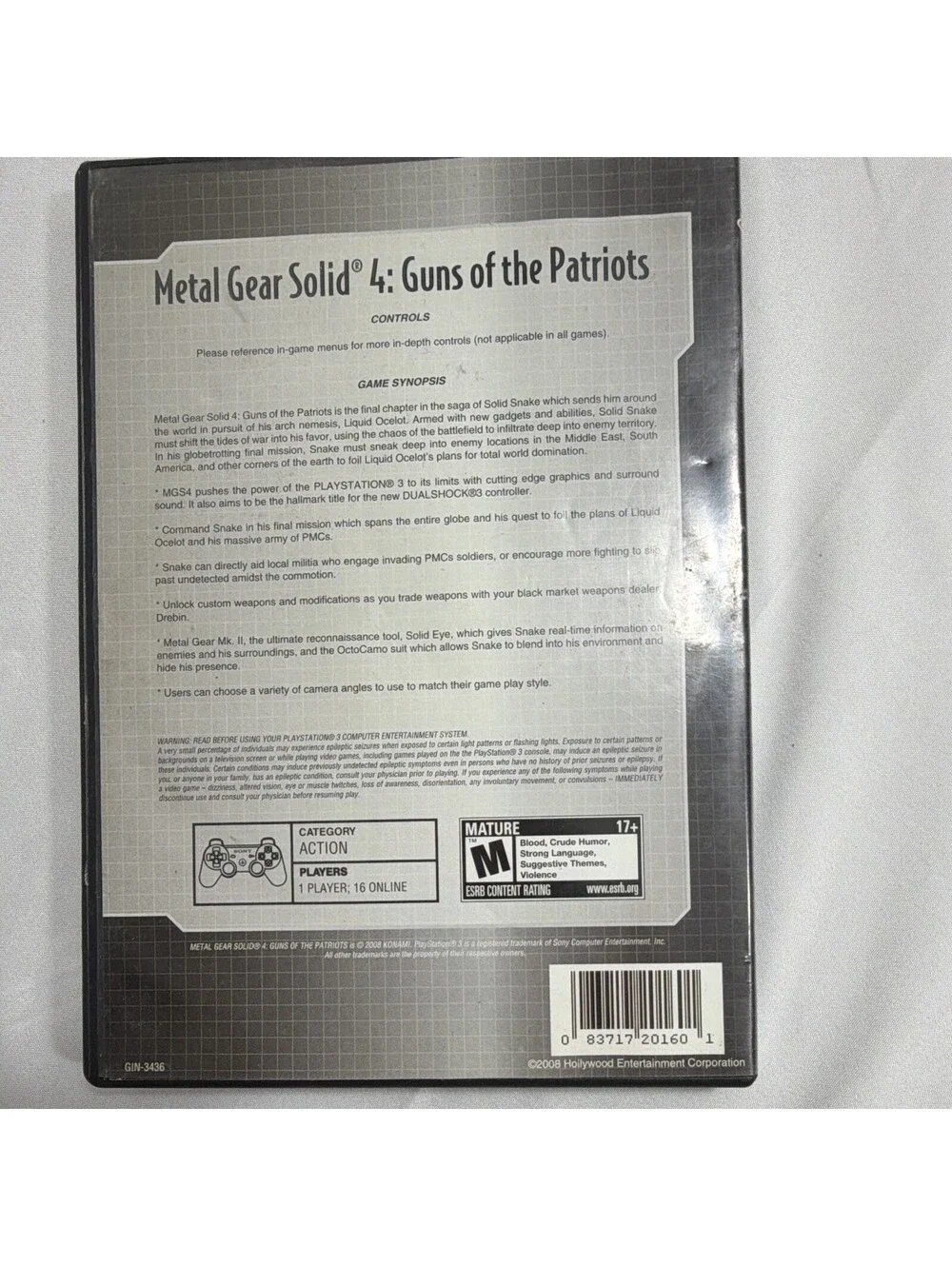 Konami Metal Gear Solid 4 PS3 Tactical Espionage Action M 2008 NTSC-U/C Disc